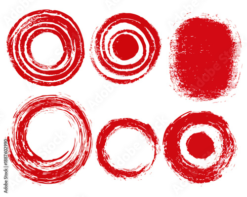 Colección de seis sellos circulares rojos estilo pincelada japonesa, textura grunge con fondo transparente.