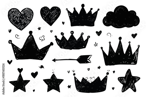 Conjunto de siluetas dibujadas a mano en negro de coronas, corazones, estrellas y una flecha sobre fondo blanco.