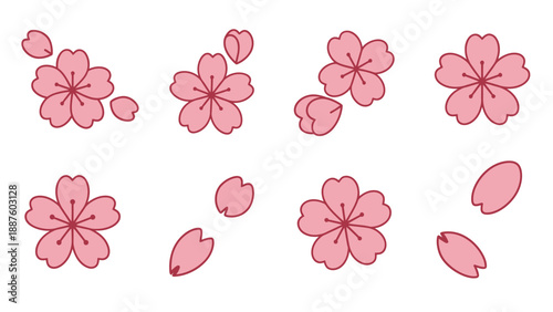 Pink Cherry Blossom Petals and Flowers Icon Set