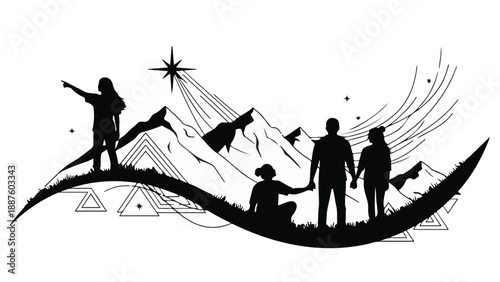 Diverse group silhouetted against a starry mountain landscape, reaching for a guiding star.