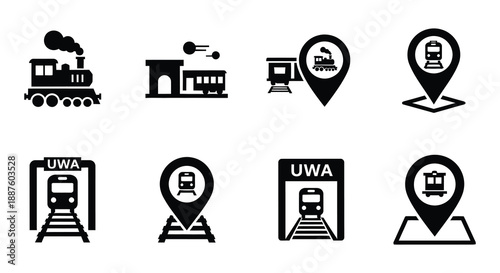 Black and white icons depicting trains stations and location pins