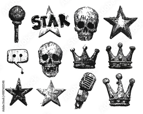 Colección de iconos grunge dibujados a mano: calaveras, coronas, estrellas y micrófonos sobre fondo transparente.