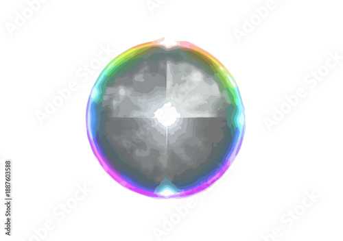 Esfera brillante con reflejos de arcoíris y centro luminoso sobre fondo blanco transparente.