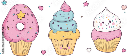 A cute set of colorful ice cream cones and cupcakes featuring chocolate cream and a cherry on top makes a sweet vector illustration for a pink birthday celebration or bakery dessert card