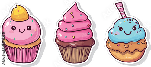 A set of pink chocolate cupcakes with cream icing and a cherry on top, featuring a sweet bakery dessert vector illustration for a birthday celebration