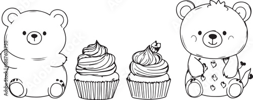 Hand drawn vector illustration of a funny cat and dog celebrating with a sweet pink birthday cupcake topped with chocolate cream and a cherry