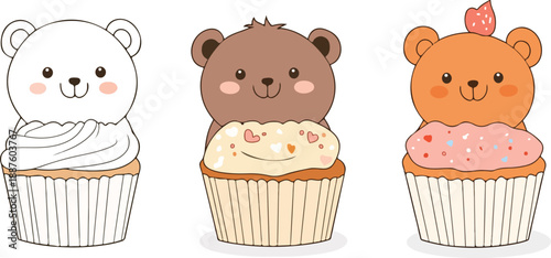 Set of delicious pink birthday cupcakes with chocolate cream icing and a cherry on top, featuring a sweet vector illustration of baked party desserts and celebration snacks