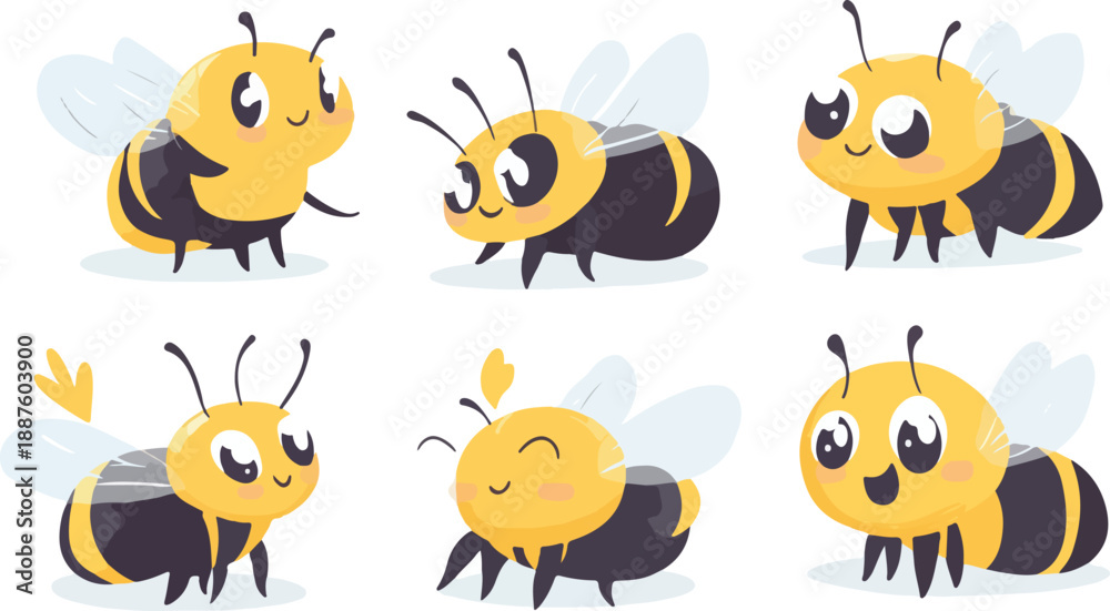 Fototapeta premium Set of funny cartoon bee and insect vector illustrations featuring a cute animal collection with smiling face icons and comic character art