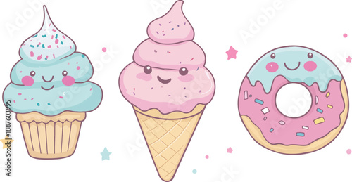 A cute pink vector illustration of a sweet ice cream cone and birthday cupcake set featuring chocolate cream and a cherry for a bakery celebration card design