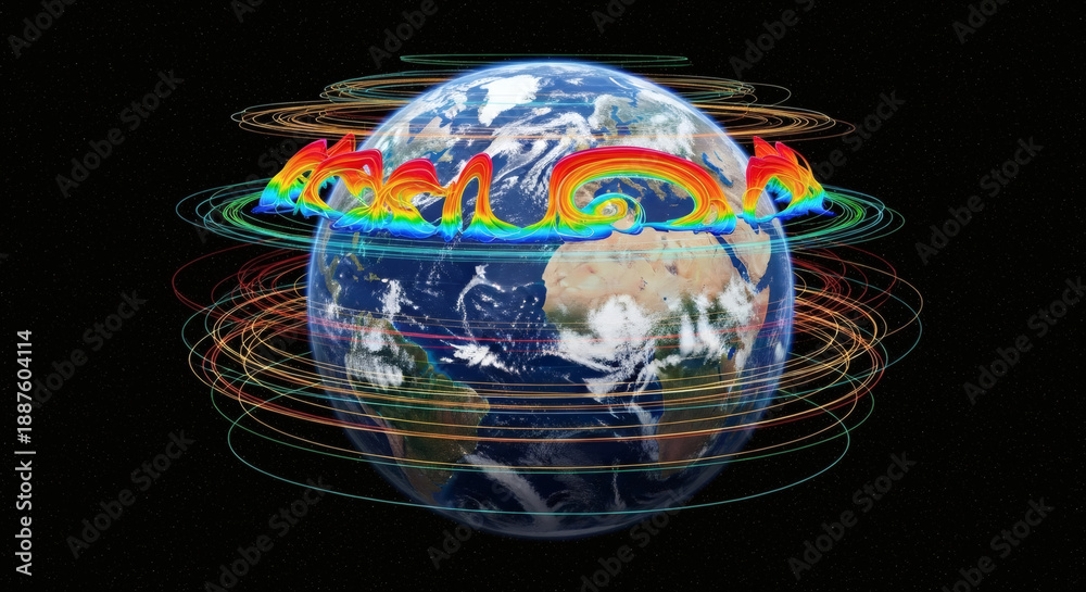 Fototapeta premium Vibrant Earth from space with swirling colorful energy lines and rainbow aurora