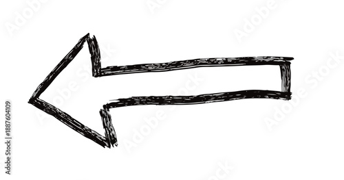 Freccia disegnata a mano libera in stile schizzo nero su sfondo bianco trasparente, indicazione sinistra.
