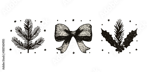 Conjunto de ilustraciones navideñas dibujadas a mano: rama de pino, lazo y acebo con textura vintage.