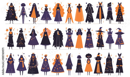 Collezione di illustrazioni piatte di donne stilizzate vestite con abiti scuri e arancioni, tema misterioso.