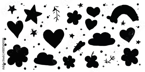 Illustrazione vettoriale astratta di elementi disegnati a mano in nero su sfondo trasparente: cuori, stelle e arcobaleno.