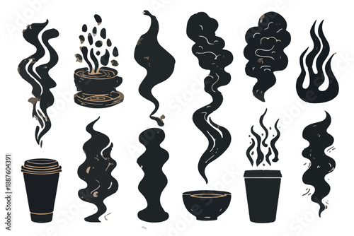Colección de siluetas de humo y vapor negro dibujado a mano para bebidas calientes y alimentos.