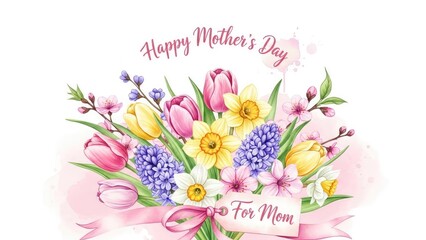 Digital Illustration of a Mother's Day Floral Bouquet With Tulips, Daffodils, and Hyacinths in Watercolor Style With Pin.jpg