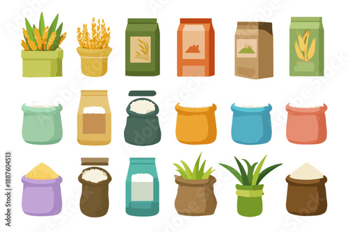 Illustrazione vettoriale di sacchi e contenitori vari contenenti cereali, farina e piante agricole su sfondo trasparente.