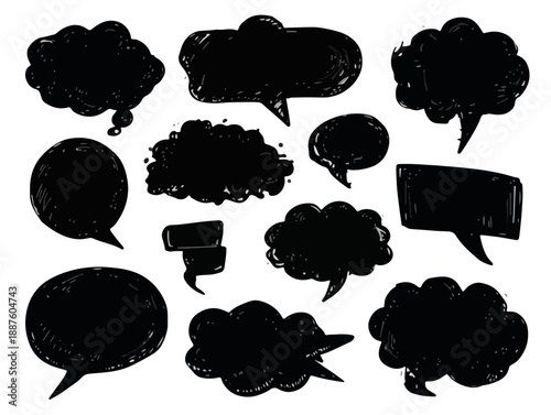 Collezione di fumetti neri disegnati a mano, forme di bolle di discorso stilizzate su sfondo trasparente.