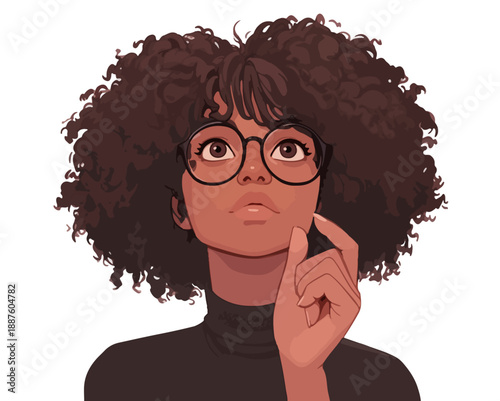 Ritratto vettoriale di giovane donna afroamericana con capelli ricci e occhiali che pensa intensamente