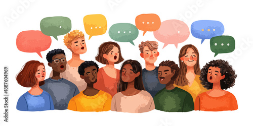 Illustrazione di gruppo multietnico con fumetti colorati che rappresentano comunicazione e dialogo sociale.