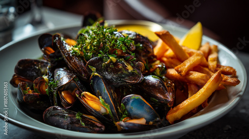 Gourmet Moules Frites: Steaming Mussels with Crispy French Fries and Garnish, a Delicious Seafood Dish