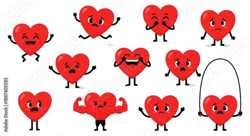 Cheerful Cartoon Heart Characters Vector Set on transparent Background. Set of Funny Heart Emoji Characters with Different Moods. Valentine's Day Red Heart Icons: Emotion and Fitness Collection.