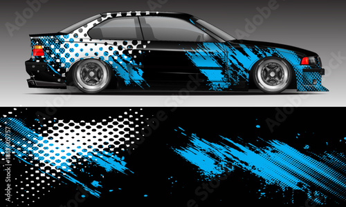 Illustration vector grahic of Car wrap decal with abstract design. Black blue colour. Livery car editable. Mockup template sticker vinyl for racing, rally, or daily use.