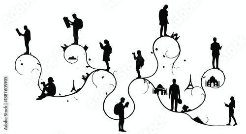 Silhouettes of people interacting with technology amidst stylized urban elements and nature vines