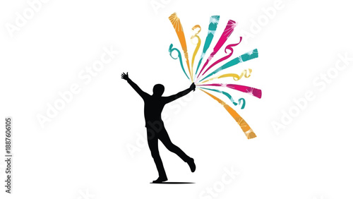 Joyful silhouette celebrates with vibrant bursts of color and creativity, symbolizing inspiration and success