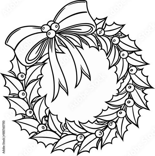 A detailed line art illustration of a Christmas wreath is depicted against a transparent background. The wreath is circular, composed of stylized holly leaves and berries. The leaves have serrated edg