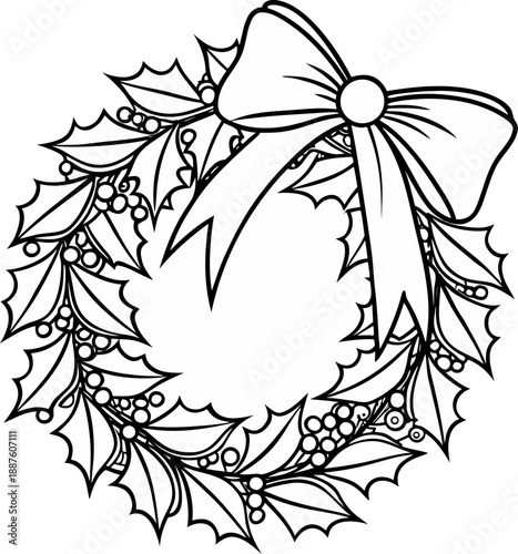 A detailed line art illustration of a Christmas wreath is depicted against a transparent background. The wreath is circular, composed of stylized holly leaves and berries. The leaves have serrated edg