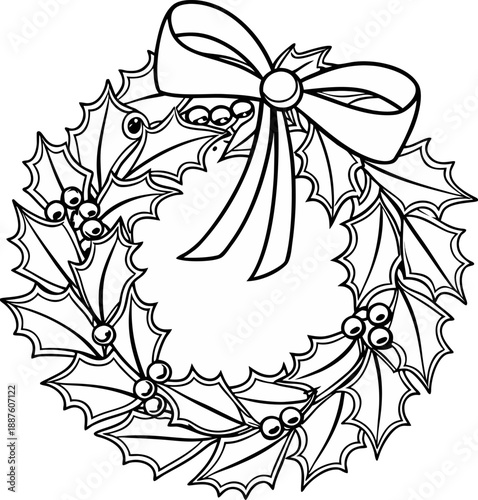 A detailed line art illustration of a Christmas wreath is depicted against a transparent background. The wreath is circular, composed of stylized holly leaves and berries. The leaves have serrated edg