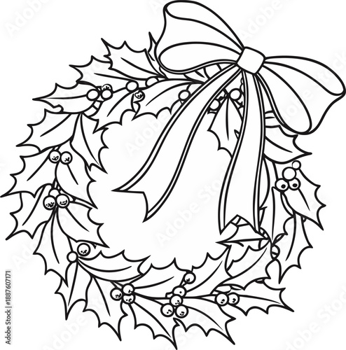 A detailed line art illustration of a Christmas wreath is depicted against a transparent background. The wreath is circular, composed of stylized holly leaves and berries. The leaves have serrated edg