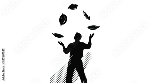 Silhouette of a skilled performer juggling multiple objects in a dynamic display.