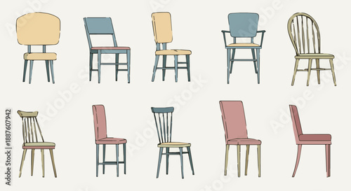 A set of wooden chairs and a modern stool provide a comfortable seating arrangement for a home office or dining room interior design illustration
