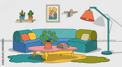 A luxury living room interior features a comfortable sofa with pillows and a stylish lamp, creating a modern home decoration design inside a spacious apartment