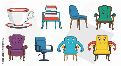 Set of wooden furniture icons featuring 3d office chairs and home desk objects for interior room design illustration