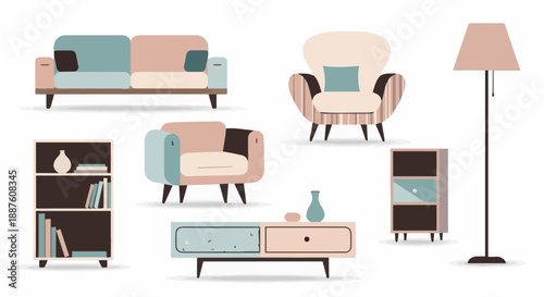A professional collection of furniture icons featuring a vector set of home and office interior symbols like a sofa, chair, table, and bed for modern house design illustration