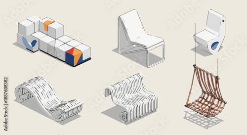 Isometric 3d vector illustration of a set of clothes pins and hangers inside a modern apartment office room featuring a computer laptop and architectural home design plan