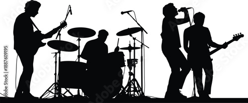 Silhouette rock band performing on stage with singer, guitarist drummer during energetic live music concert, showcasing entertainment lifestyle, artistic creativity and dynamic performance atmosphere