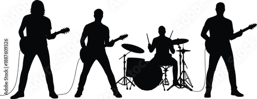 Silhouette rock band performing with electric guitars and drums on stage, capturing energetic live concert music performance, artistic creativity, entertainment lifestyle and dynamic studio scene