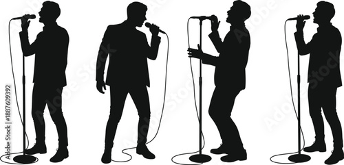Silhouette singer performing with microphone on stage in various expressive poses representing live music concert performance, artistic creativity and entertainment lifestyle in studio setting