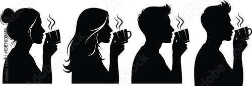 Black vector silhouette set of four men and women profiles drinking hot coffee or tea from mugs for morning breakfast cafe and restaurant design