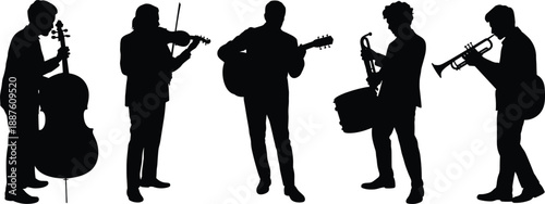 Silhouettes of musicians playing musical instruments during a band performance, featuring cello, violin, guitar, drums and trumpet for music, concert and creative design themes.