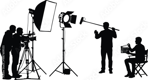 Black vector silhouette set of movie production crew including cameramen lighting technician with softbox boom operator and director with clapperboard for film industry design