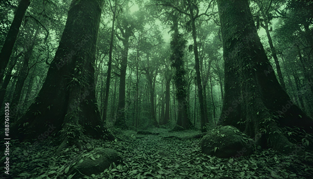 Obraz premium Mysterious Dark Forest with Tall Trees and Foggy Atmosphere.