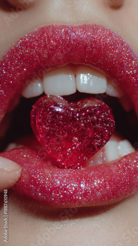 Pink glitter lips holding heart shaped candy for valentine romance sensual beauty close up