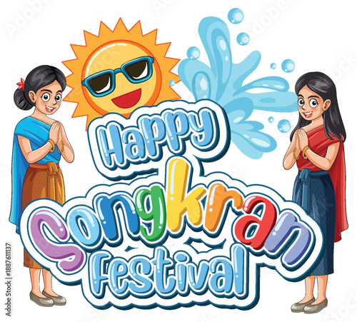 Happy Songkran Festival Vector Illustration with Thai Women and Sun