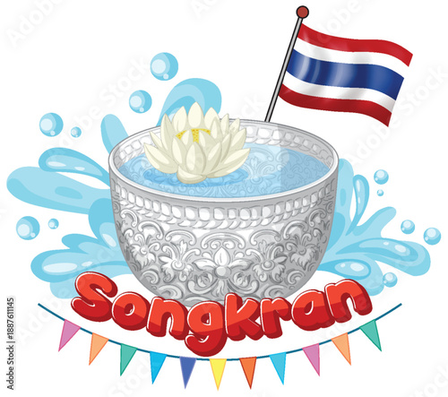 Songkran Festival Illustration with Silver Water Bowl and Thailand Flag