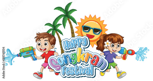 Happy Songkran Festival Vector Illustration with Children Playing with Water ...